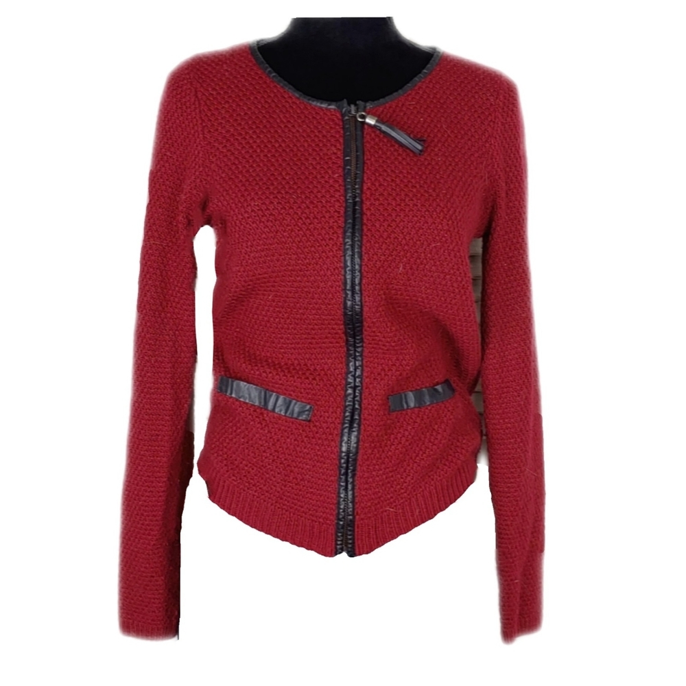 Tahari Womens M Maroon Merion Wool Blend Leather Accent Zip Jacket - Picture 1 of 6